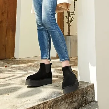 Athlefit Women's Classic Chelsea Platform Mini Boots Winter Warm Fur Lined Anti-Slip Short Ankle Snow Black Boots Size 7