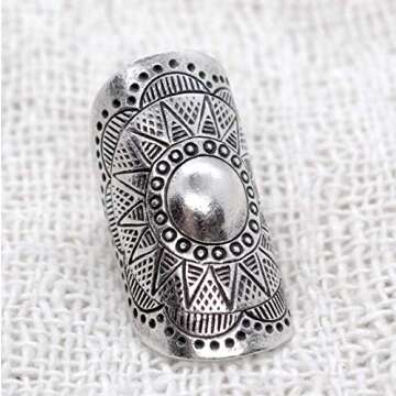 Handmade Sterling Silver Long Large Boho Statement Ring With Symbolic Solar Star Mandala, Tribal Gypsy Hippie Adjustable to Sizes 6-11, Gift for Her