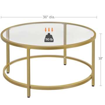 Yaheetech Gold Glass Coffee Table for Living Room, 36" Round Glass Coffee Table with Metal Frame, Circle Coffee Table for Home, Office, Apartment