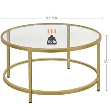 Yaheetech Gold Glass Coffee Table for Living Room, 36" Round Glass Coffee Table with Metal Frame, Circle Coffee Table for Home, Office, Apartment