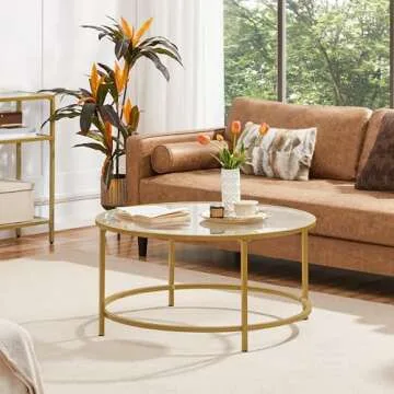 Yaheetech Gold Glass Coffee Table for Living Room, 36" Round Glass Coffee Table with Metal Frame, Circle Coffee Table for Home, Office, Apartment
