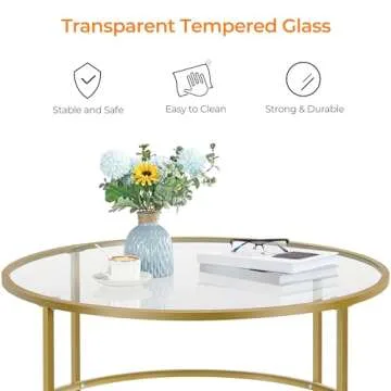 Yaheetech Gold Glass Coffee Table for Living Room, 36" Round Glass Coffee Table with Metal Frame, Circle Coffee Table for Home, Office, Apartment