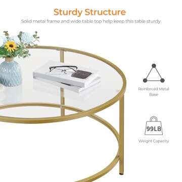 Yaheetech Gold Glass Coffee Table for Living Room, 36" Round Glass Coffee Table with Metal Frame, Circle Coffee Table for Home, Office, Apartment