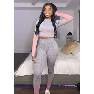 KEEPTO Two Piece Outfits for Women Workout Sets High Waist Seamless Leggings and Long Sleeve Crop Top Athletic Gym Clothes Sets Pink