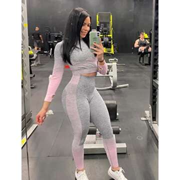 KEEPTO Two Piece Outfits for Women Workout Sets High Waist Seamless Leggings and Long Sleeve Crop Top Athletic Gym Clothes Sets Pink
