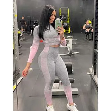 KEEPTO Two Piece Outfits for Women Workout Sets High Waist Seamless Leggings and Long Sleeve Crop Top Athletic Gym Clothes Sets Pink