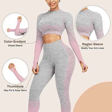 KEEPTO Two Piece Outfits for Women Workout Sets High Waist Seamless Leggings and Long Sleeve Crop Top Athletic Gym Clothes Sets Pink