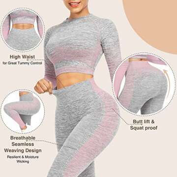 KEEPTO Two Piece Outfits for Women Workout Sets High Waist Seamless Leggings and Long Sleeve Crop Top Athletic Gym Clothes Sets Pink