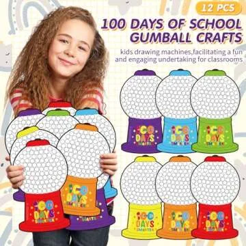 Lunmon 100 Days of School Gumball Crafts Color Matching Paper Gumball Machine 100th Day of School Craft Kit for Teacher Kids Celebration Party Classroom Activities Supplies(12 Pcs)