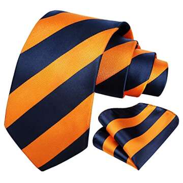 HISDERN Mens Tie Orange Stripe Tie and Pocket Square Set Formal Orange Navy Striped Silk Necktie Han...
