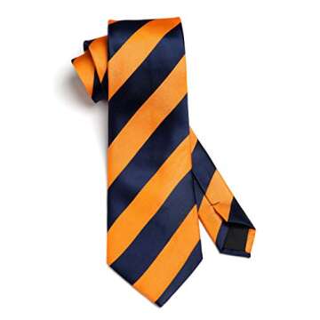 HISDERN Mens Tie Orange Stripe Tie and Pocket Square Set Formal Orange Navy Striped Silk Necktie Handkerchief for Work Wedding Neckties Classic 3.4''