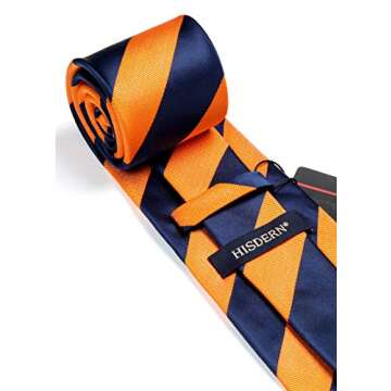 HISDERN Mens Tie Orange Stripe Tie and Pocket Square Set Formal Orange Navy Striped Silk Necktie Handkerchief for Work Wedding Neckties Classic 3.4''