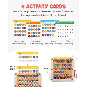 GAMENOTE Magnetic Alphabet Maze Board with 4 Activity Cards, Wooden Matching Letter Game Montessori ...
