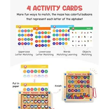 GAMENOTE Magnetic Alphabet Maze Board with 4 Activity Cards, Wooden Matching Letter Game Montessori ...
