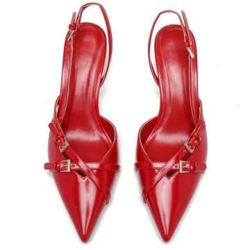 Riekhany Heeled Slingback Kitten Heels for Women Closed Pointed Toe Pumps with Buckles Red