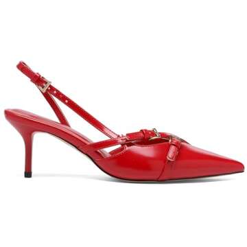 Riekhany Heeled Slingback Kitten Heels for Women Closed Pointed Toe Pumps with Buckles Red