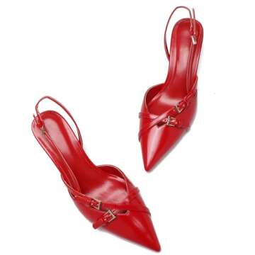 Riekhany Heeled Slingback Kitten Heels for Women Closed Pointed Toe Pumps with Buckles Red
