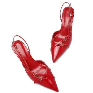 Riekhany Heeled Slingback Kitten Heels for Women Closed Pointed Toe Pumps with Buckles Red
