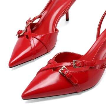 Riekhany Heeled Slingback Kitten Heels for Women Closed Pointed Toe Pumps with Buckles Red