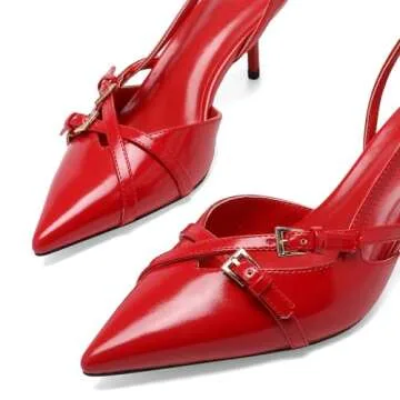 Riekhany Heeled Slingback Kitten Heels for Women Closed Pointed Toe Pumps with Buckles Red