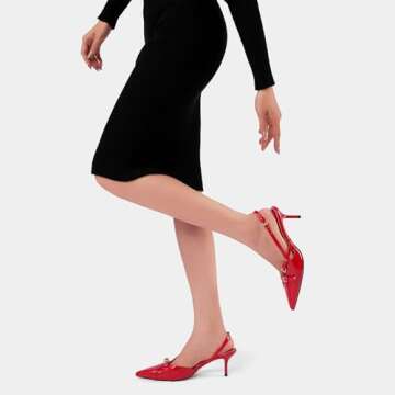 Riekhany Heeled Slingback Kitten Heels for Women Closed Pointed Toe Pumps with Buckles Red