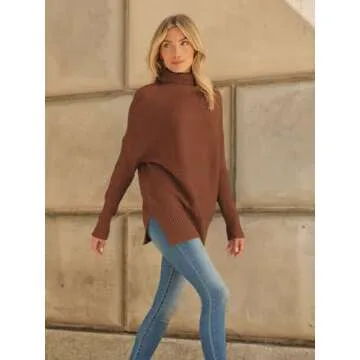 LILLUSORY Womens Turtleneck Oversized Tunic Fall Sweaters 2024 Casual Long Pullover Knit Winter Cute Poncho Fashion Trendy Clothes Outfits Clothing Tops Leggings Brick Red
