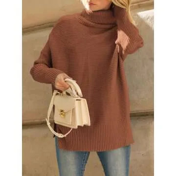 LILLUSORY Womens Turtleneck Oversized Tunic Fall Sweaters 2024 Casual Long Pullover Knit Winter Cute Poncho Fashion Trendy Clothes Outfits Clothing Tops Leggings Brick Red
