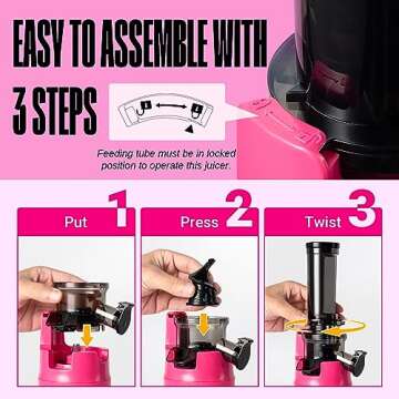 Ventray Ginnie Mini Cold Press Juicer, Small Slow Masticating Juicer for Vegetables and Fruits, High Juice Yield, Easy to Clean, Space-Saving, Fit for Personal/Travel/Picnic/Office - Pink