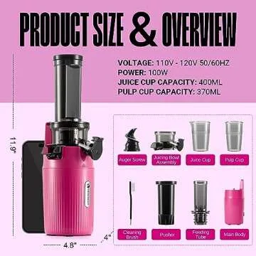 Ventray Ginnie Mini Cold Press Juicer, Small Slow Masticating Juicer for Vegetables and Fruits, High Juice Yield, Easy to Clean, Space-Saving, Fit for Personal/Travel/Picnic/Office - Pink