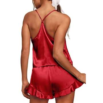 CHYRII Women's Sexy Silk Satin PJS Racerback Cami Tops and Ruffled Hem Shorts 2 PCS Pajamas Sets Nig...