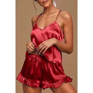 CHYRII Women's Silk Satin Ruffled Pajama Set Red S
