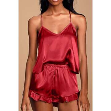 CHYRII Women's Sexy Silk Satin PJS Racerback Cami Tops and Ruffled Hem Shorts 2 PCS Pajamas Sets Nightwear Red S