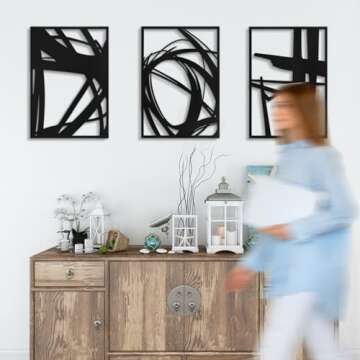 Pinetree Art Abstract Metal Wall Art Decor, 3 Pack Modern Wall Art, Minimalist Line Art Décor, 3D Textured Sculptures for Living Room Bedroom Bathroom (Black 11" x 16")