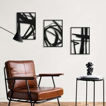 Pinetree Art Abstract Metal Wall Art Decor, 3 Pack Modern Wall Art, Minimalist Line Art Décor, 3D Textured Sculptures for Living Room Bedroom Bathroom (Black 11" x 16")