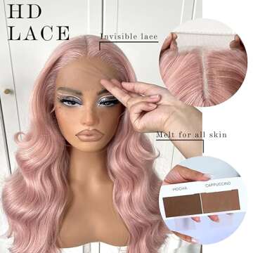 MITIMES Pink Wigs Glueless HD Lace Front Wigs Pre Plucked Synthetic Body Wave Wear And Go Lace Front Wig For Cosplay Party Light Pink Wig With Natural Hairline For Fashion Women