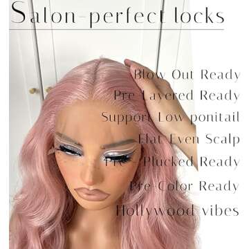 MITIMES Pink Wigs Glueless HD Lace Front Wigs Pre Plucked Synthetic Body Wave Wear And Go Lace Front Wig For Cosplay Party Light Pink Wig With Natural Hairline For Fashion Women