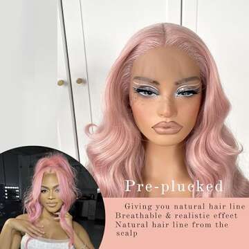 MITIMES Pink Wigs Glueless HD Lace Front Wigs Pre Plucked Synthetic Body Wave Wear And Go Lace Front Wig For Cosplay Party Light Pink Wig With Natural Hairline For Fashion Women