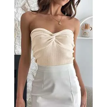 EFAN Womens Tube Tops Summer Sweater Twist Knot Front Knit Bandeau Strapless Ribbed Sleeveless Y2K Corset Crop Top Apricot L