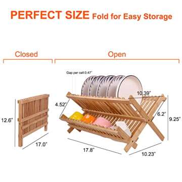SZUAH Bamboo Dish Drying Rack, Collapsible Dish Drainer, Foldable Dish Rack Bamboo Plate Rack, by 10...