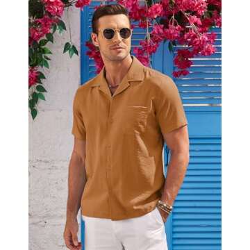 COOFANDY Mens Button Down Short Sleeve Summer Beach Shirt Casual Wrinkle Free Untucked Stretch Cruise Attire Light Brown