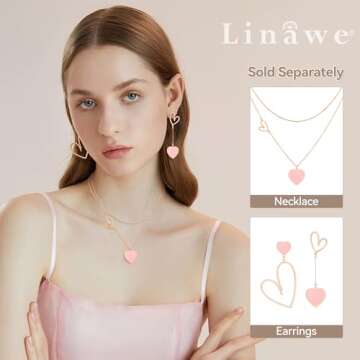Linawe Pink Heart Earrings for Women, Rose Gold Dangle Drop Earrings Dangling, Titanium Stainless Steel Hypoallergenic Cute Heart Jewelry, Asymmetrical Mismatched Love Earrings