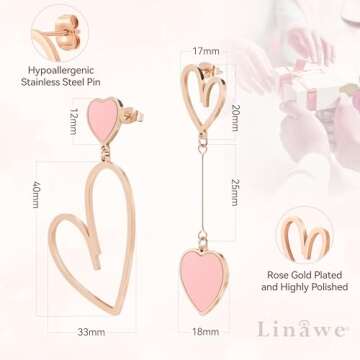 Linawe Pink Heart Earrings for Women, Rose Gold Dangle Drop Earrings Dangling, Titanium Stainless Steel Hypoallergenic Cute Heart Jewelry, Asymmetrical Mismatched Love Earrings