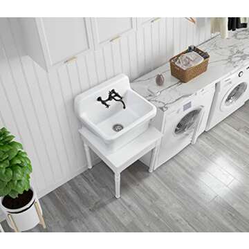 ELLAI 24 Inch White Ceramic Farm Style Wall Mount Utility Sink High Back Wall Mounted Laundry Tub 10...