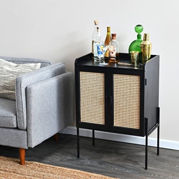 Stylish Cane Bar Cabinet in Black Finish for Home
