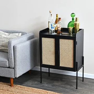 Stylish Cane Bar Cabinet in Black Finish for Home