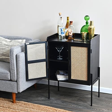 Stylish Cane Bar Cabinet in Black Finish for Home