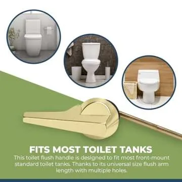 RAVINE Universal Toilet Handle Lever Replacement - Modern Polished Zinc Handle w/Brass Arm - Front Mount Toilet Flush Lever Compatible w/Most Toilet Tanks - Rubber Gasket Included (Brass Polished)