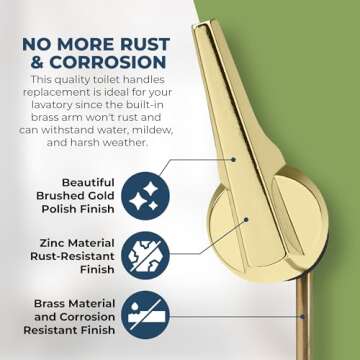 RAVINE Universal Toilet Handle Lever Replacement - Modern Polished Zinc Handle w/Brass Arm - Front Mount Toilet Flush Lever Compatible w/Most Toilet Tanks - Rubber Gasket Included (Brass Polished)