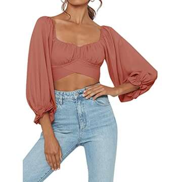 LYANER Women's Cute Off Shoulder Long Sleeve Self Tie Knot Crop Tube Top Blouse Burnt Orange Small