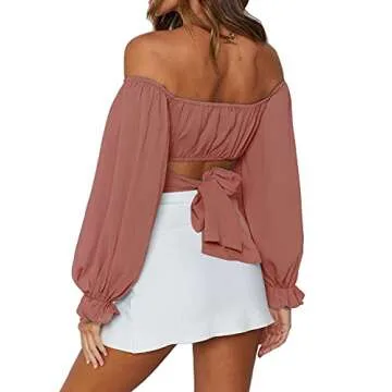 LYANER Off Shoulder Long Sleeve Tie Knot Crop Top